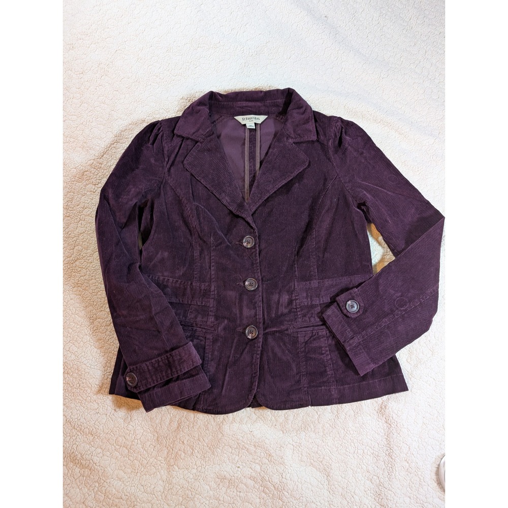St Johns Bay Womens Petite Medium Purple Corduroy Blazer Jacket Puffed Shoulder
